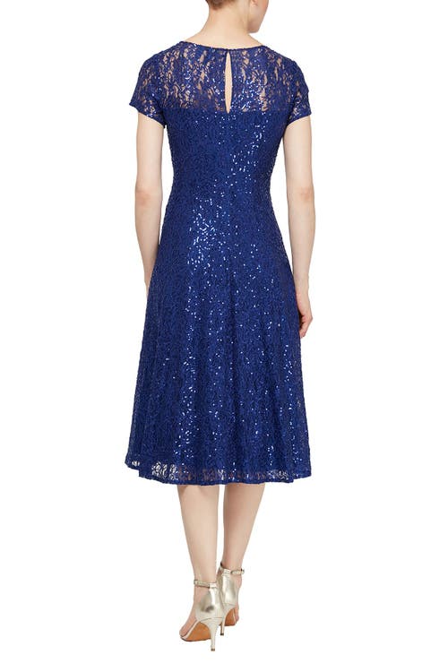 Sl Fashions Tea Length Sequin Lace Dress In Blue