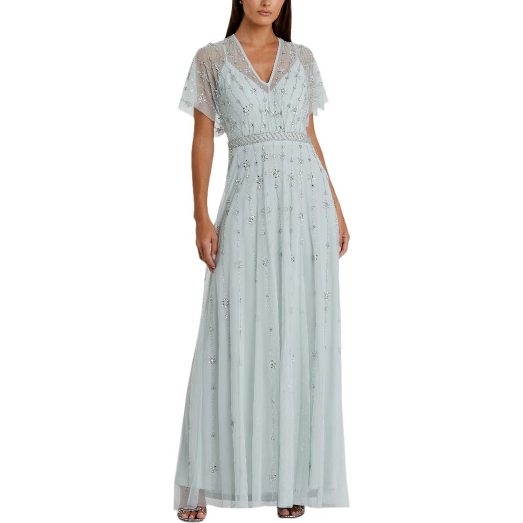 Mac Duggal Rufflered Floral Embellished Flutter Sleeve A Line In Mist