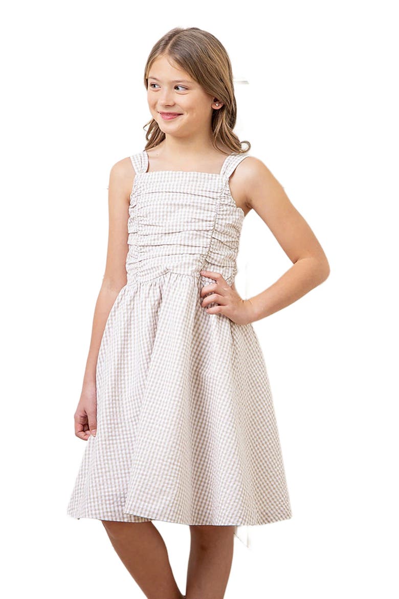 Girls' Organic Ruched Bodice Party Dress, Kids, Main, color, Taupe Gingham Seersucker