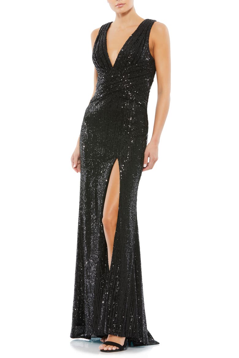 V-Neck Sequin Wrap Waist Gown, Main, color, BLACK