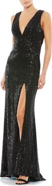 Mac Duggal V-Neck Sequin Wrap Waist Gown