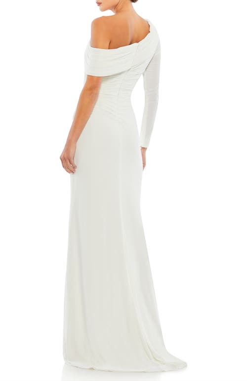 Mac Duggal Ruched Jersey Drop Shoulder Foldover Gown In White