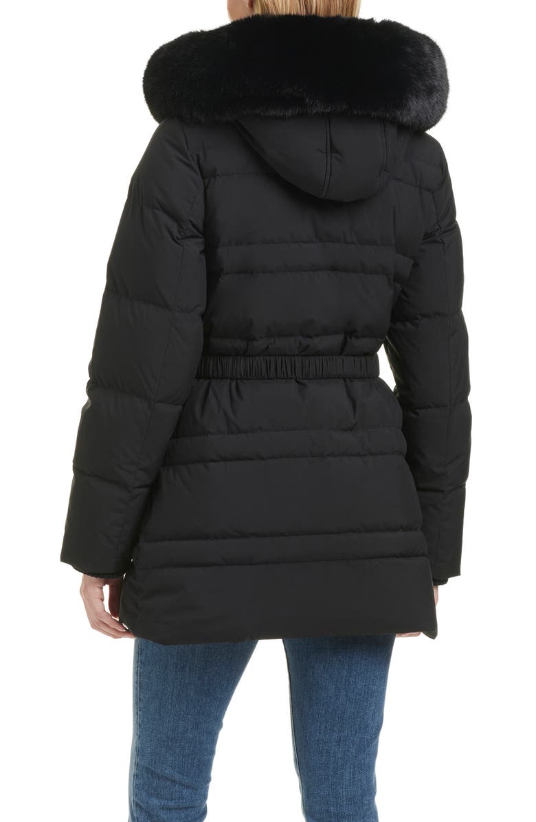 Kate Spade New York belted short down puffer jacket with removable faux fur trim, Alternate, color, 
