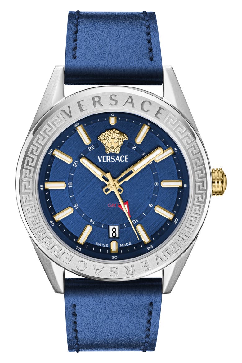 V-Code GMT Leather Strap Watch, 42mm, Main, color, BLUE-SILVER