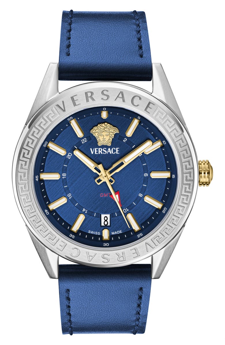Versace V-Code GMT Leather Strap Watch, 42mm, Main, color, Blue-Silver