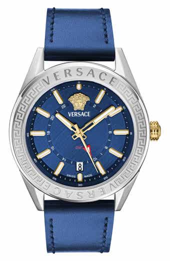 Versace V-Code GMT Leather Strap Watch, 42mm