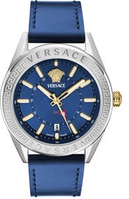 Versace V-Code GMT Leather Strap Watch, 42mm