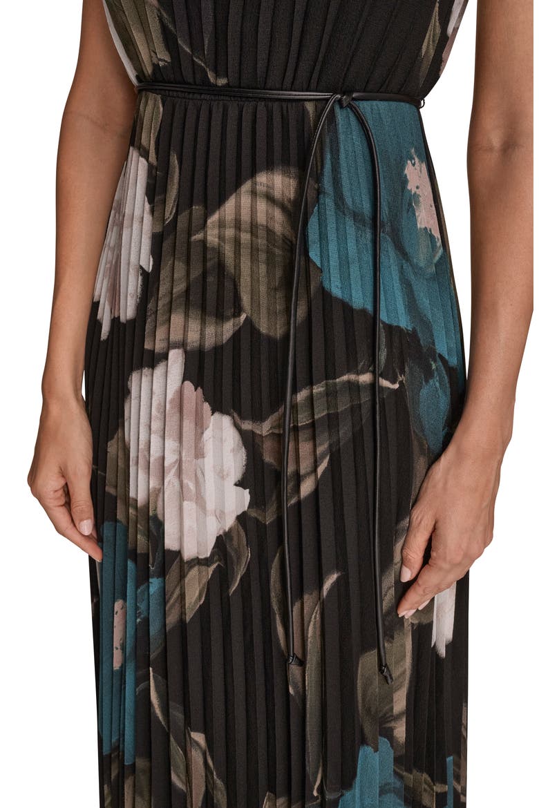 Floral Pleated Tie Belt Georgette Cocktail Dress, Alternate, color, MIDNIGHT GREEN