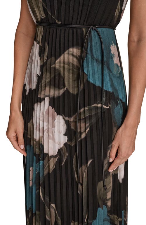 Donna Karan New York Floral Pleated Tie Belt Georgette Cocktail Dress In Green