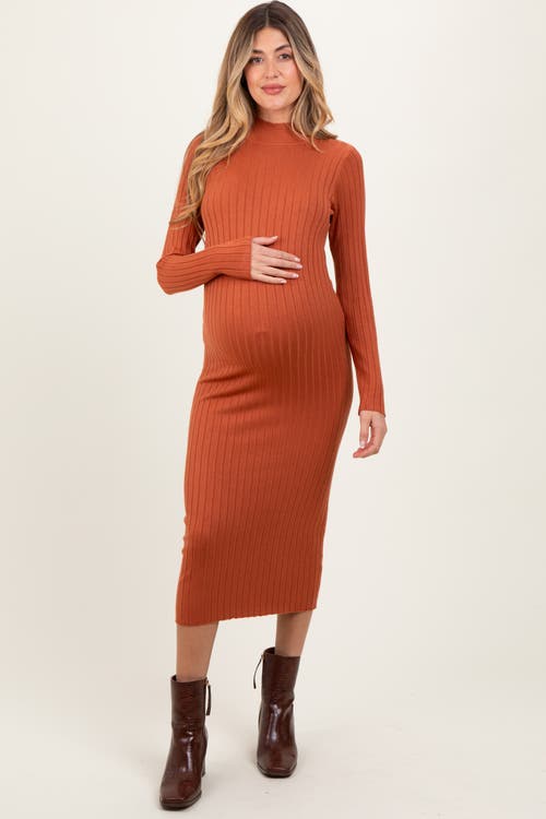 Pinkblush Mock Neck Ribbed Sweater Dress In Brown