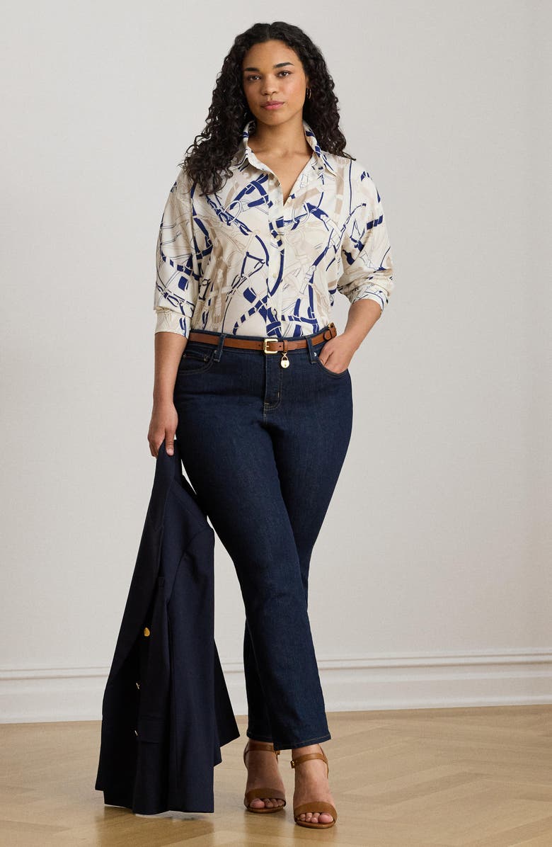 Lauren Ralph Lauren Belting Print Classic Fit Crepe Button-Up Shirt, Alternate, color, Cream/ Navy