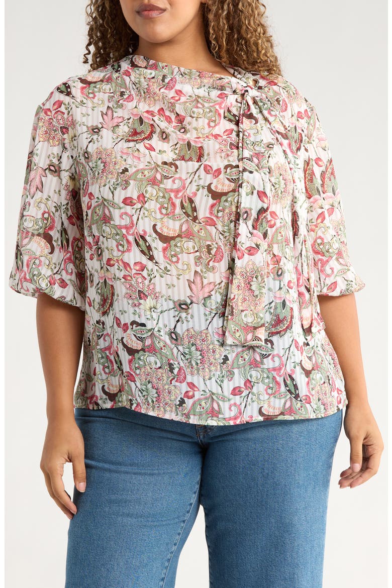 Sheer Floral Tie Neck Balloon Sleeve Top, Main, color, IVORY/ RED