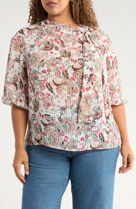 Sheer Floral Tie Neck Balloon Sleeve Top (Plus)