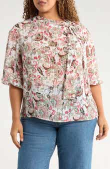 Renee C Sheer Floral Tie Neck Balloon Sleeve Top