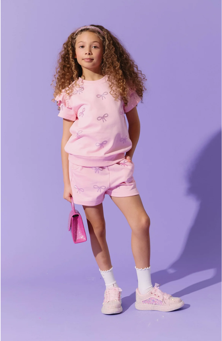 Lola + The Boys Pretty in Crystal Bows Short Set, Alternate, color, Pink