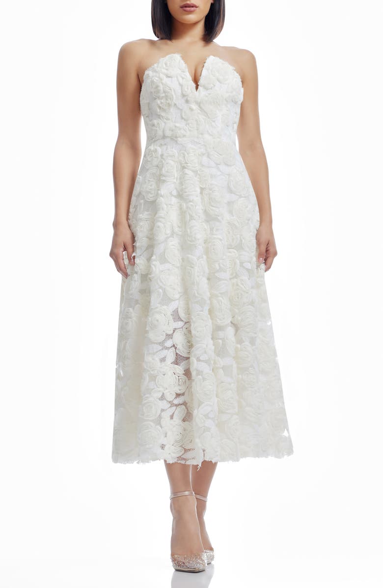 Dress the Population Briella Rosette Strapless Fit & Flare Dress, Main, color, Off White