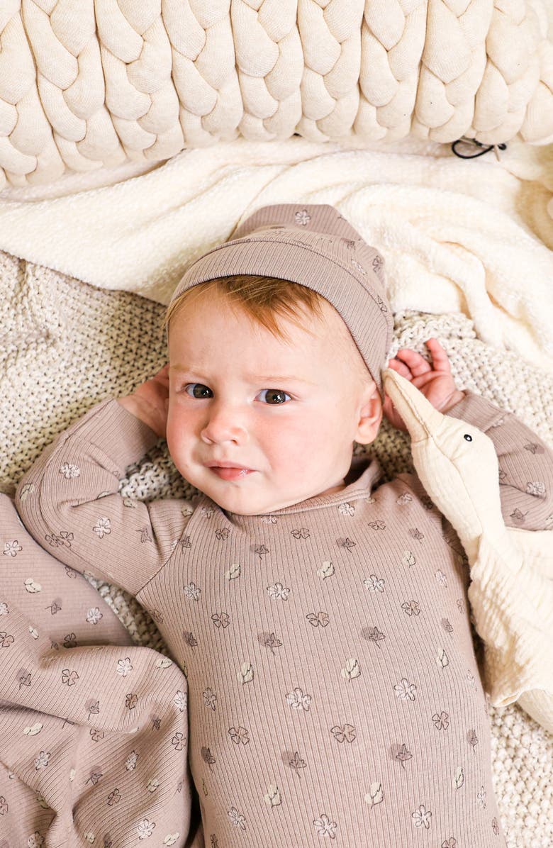 Manière Little Leaves Rib Cotton Blend Footie, Alternate, color, Taupe Boy