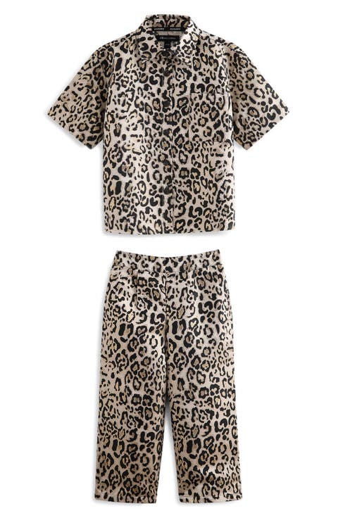 Kids' Leopard Print Button-Up Shirt & Wide Leg Pants Set (Big Kid)