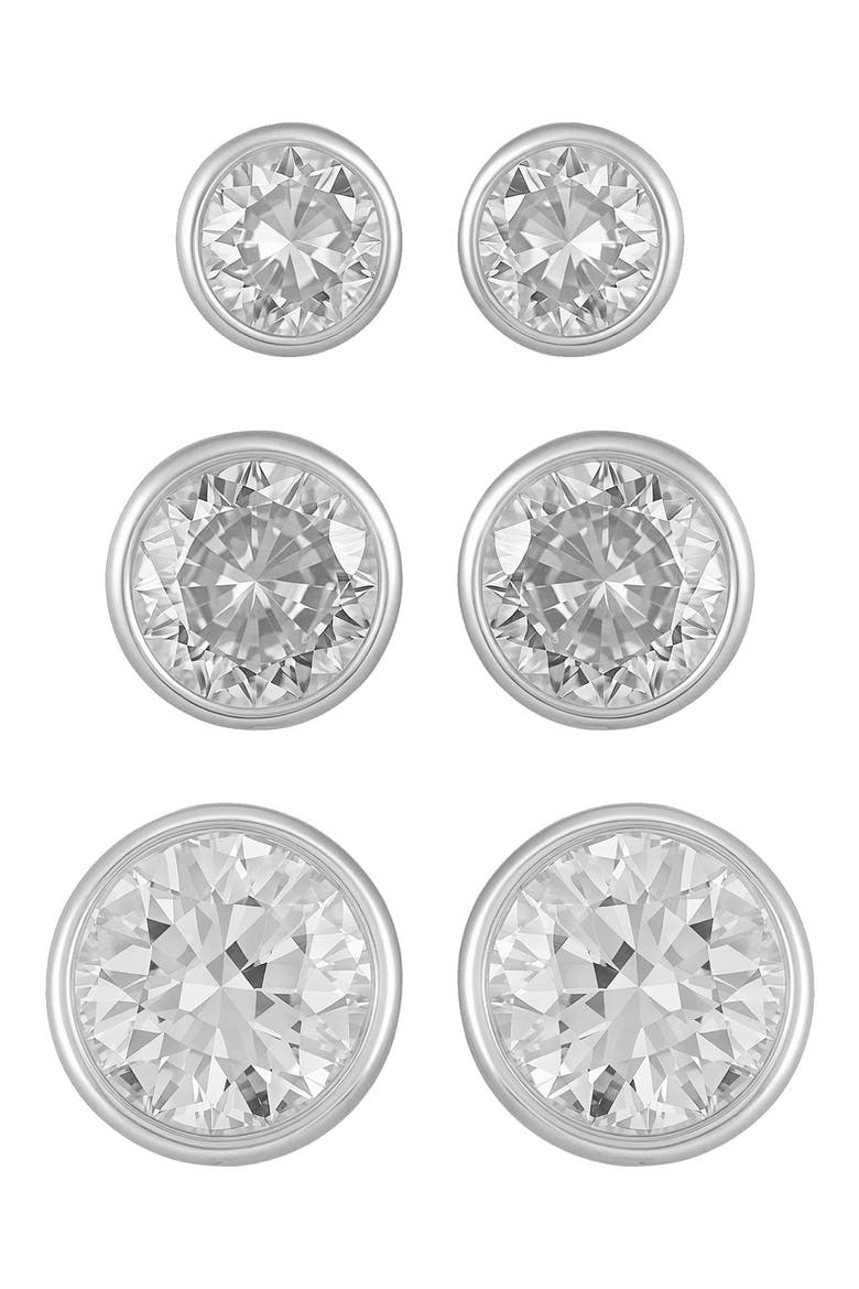 Set of 3 Cubic Zirconia Stud Earrings, Main, color, SILVER TONE
