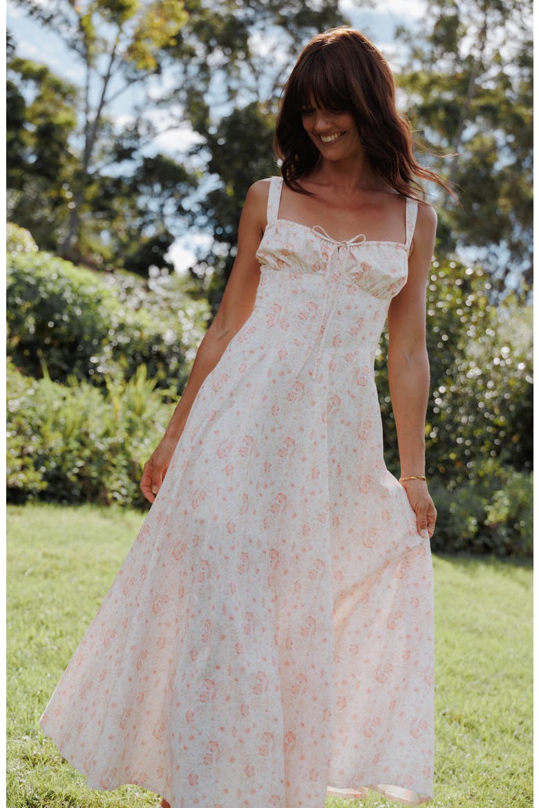 Wisteria Floral Linen & Cotton Midi Dress, Alternate, color, PEACH DITSY FLORAL