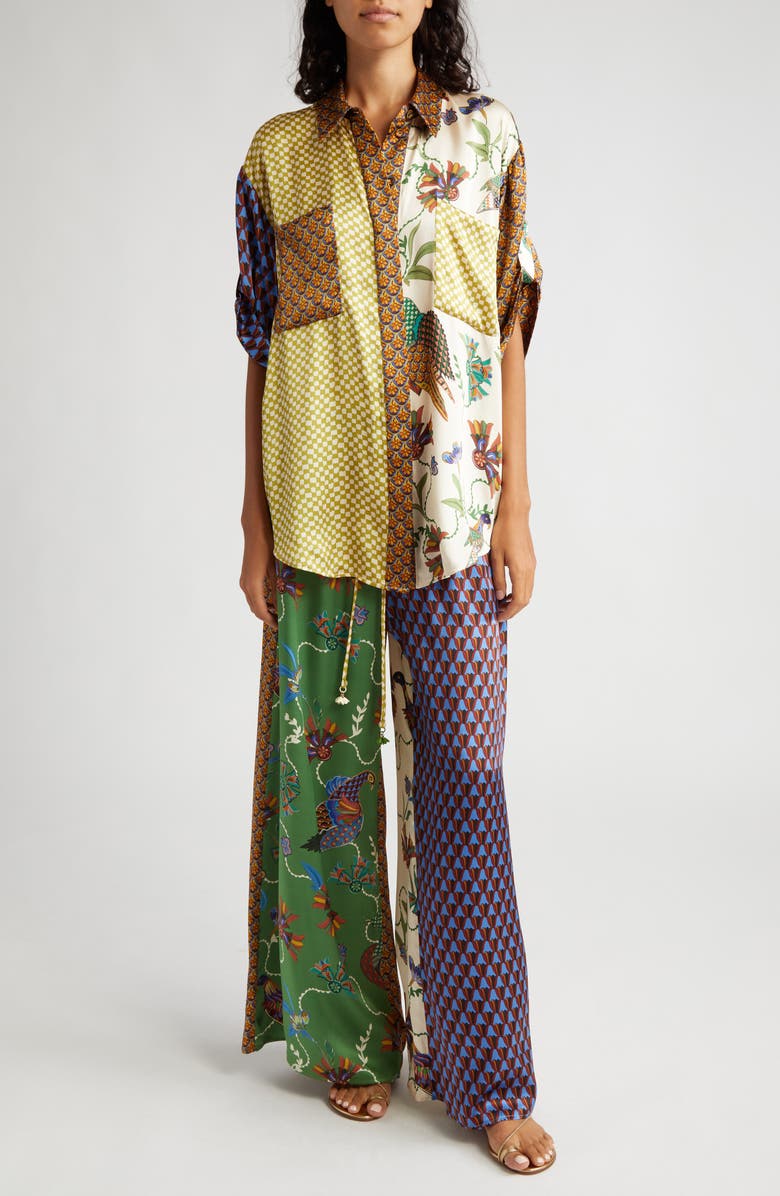 ALEMAIS Birdie Spliced Silk Button-Up Shirt, Alternate, color,