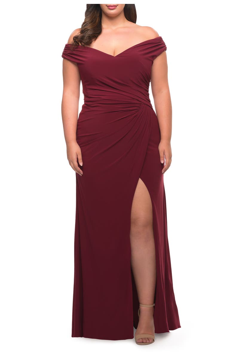 La Femme Matte Jersey Long Plus Dress with Ruching and Slit, Main, color, Wine