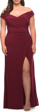 La Femme Matte Jersey Long Plus Dress with Ruching and Slit