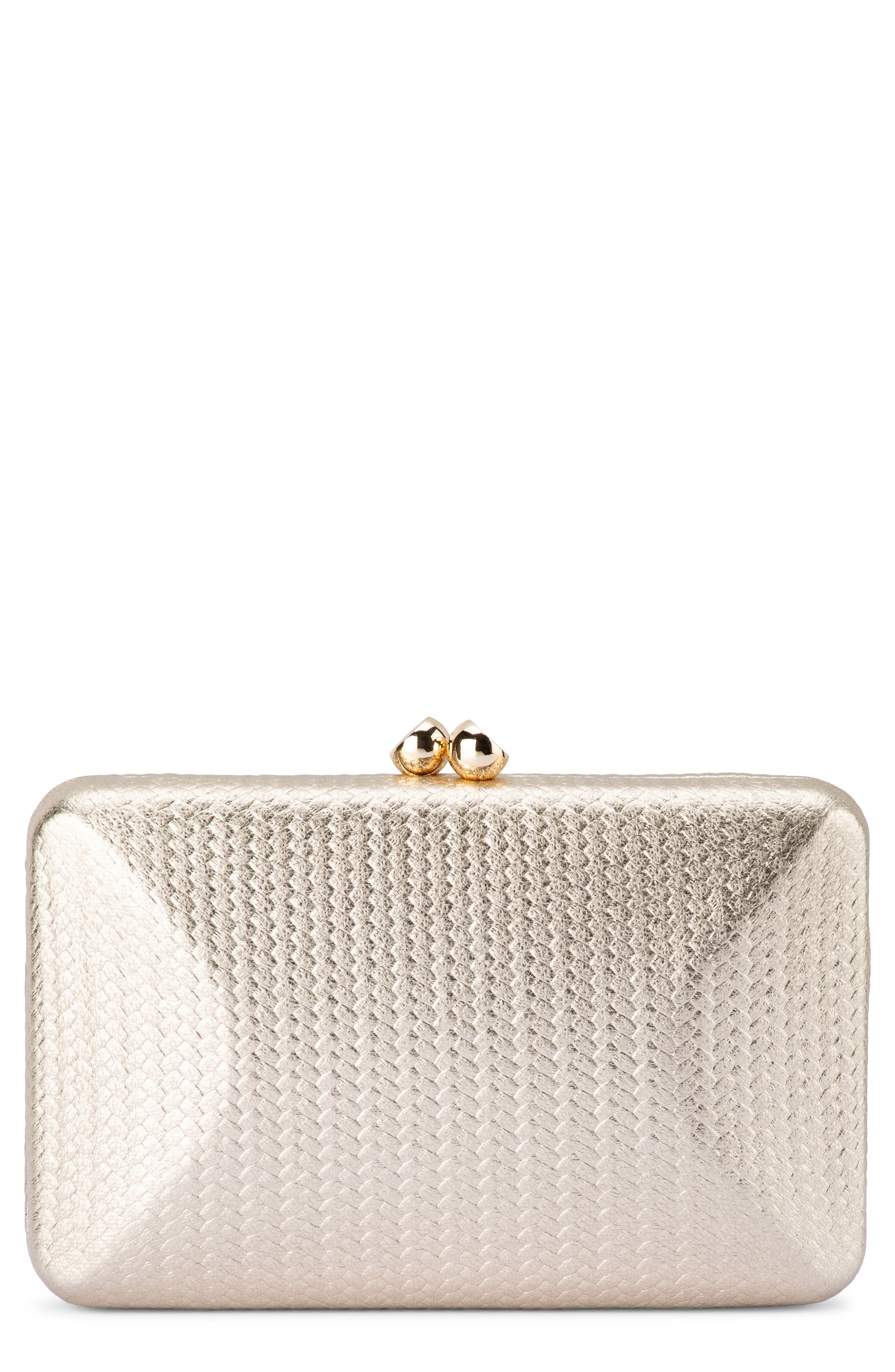 Chica Woven Embossed Metallic Faux Leather Clutch, Main, color, GOLD