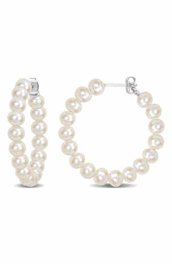 DELMAR Sterling silver 5-5.5mm Cultured Freshwater Pearl Hoop Earrings