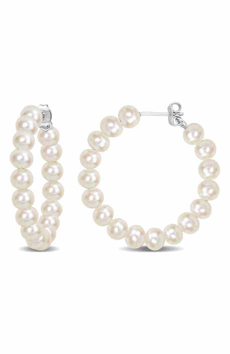 DELMAR Sterling silver 5-5.5mm Cultured Freshwater Pearl Hoop Earrings
