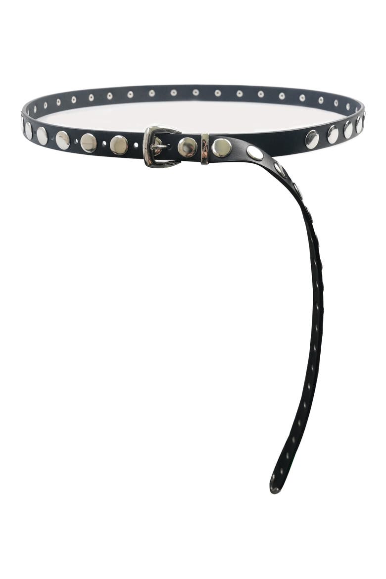 Long Studded Disc Faux Leather Belt, Main, color, BLACK/ SILVER