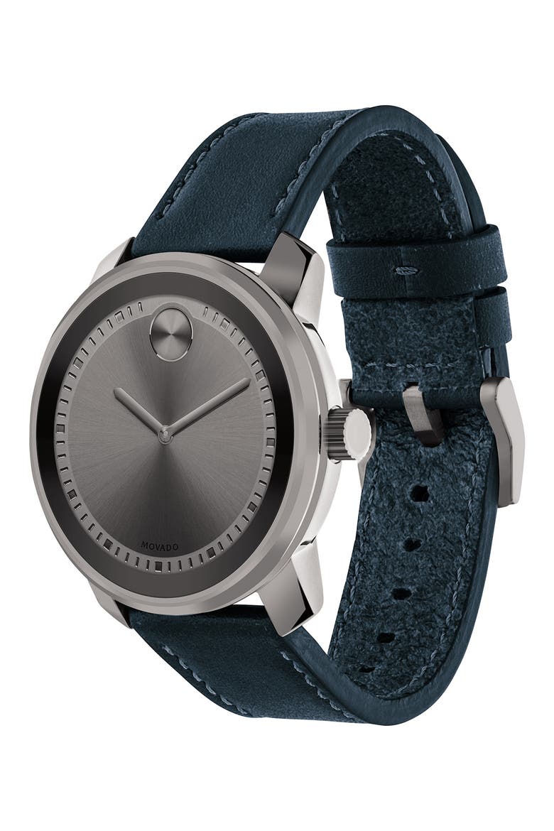 Bold Leather Strap Watch, 42.5mm, Alternate, color, BLUE/ GUNMETAL