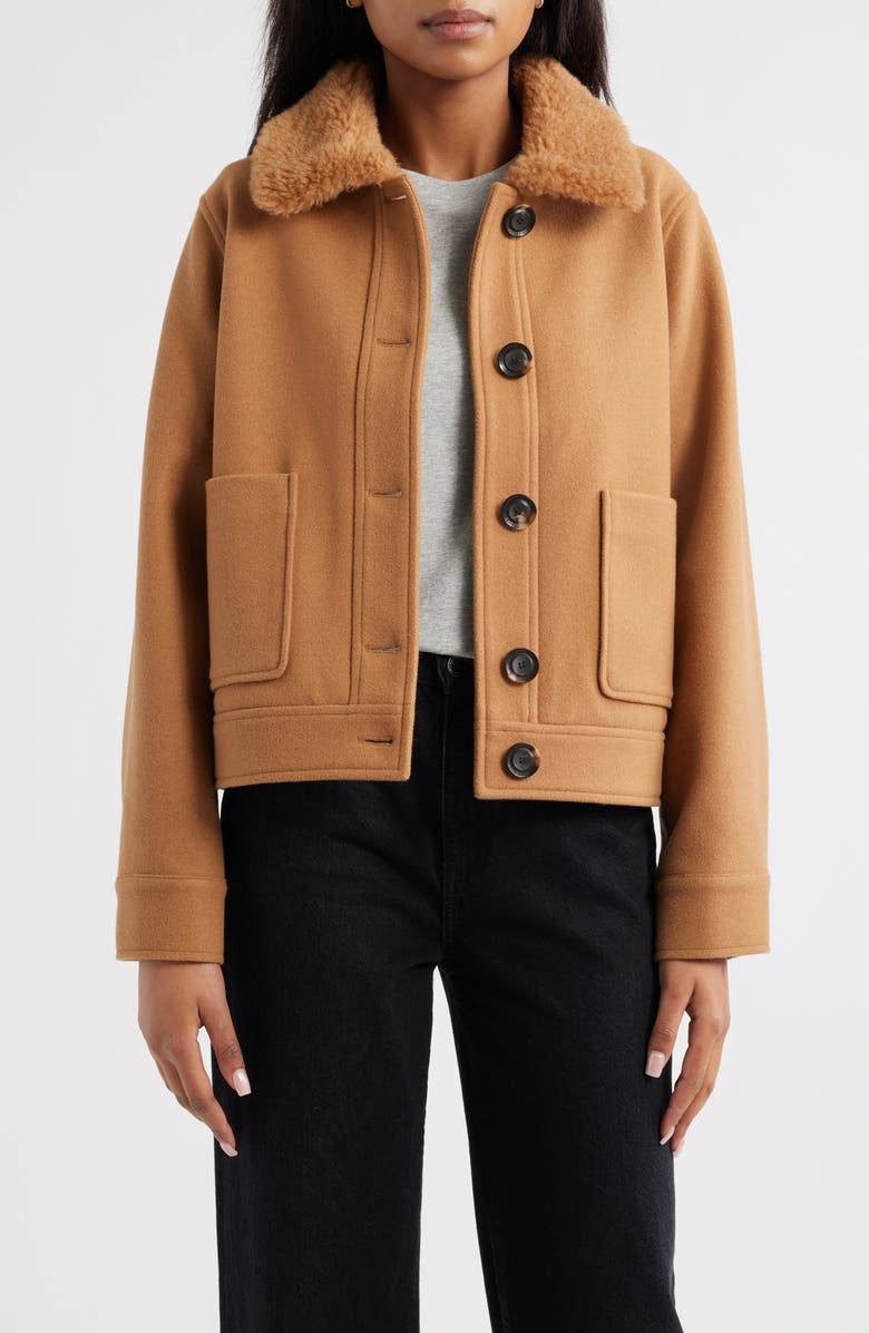 Sam Edelman Crop Jacket with Faux Shearling Collar, Alternate, color, Camel
