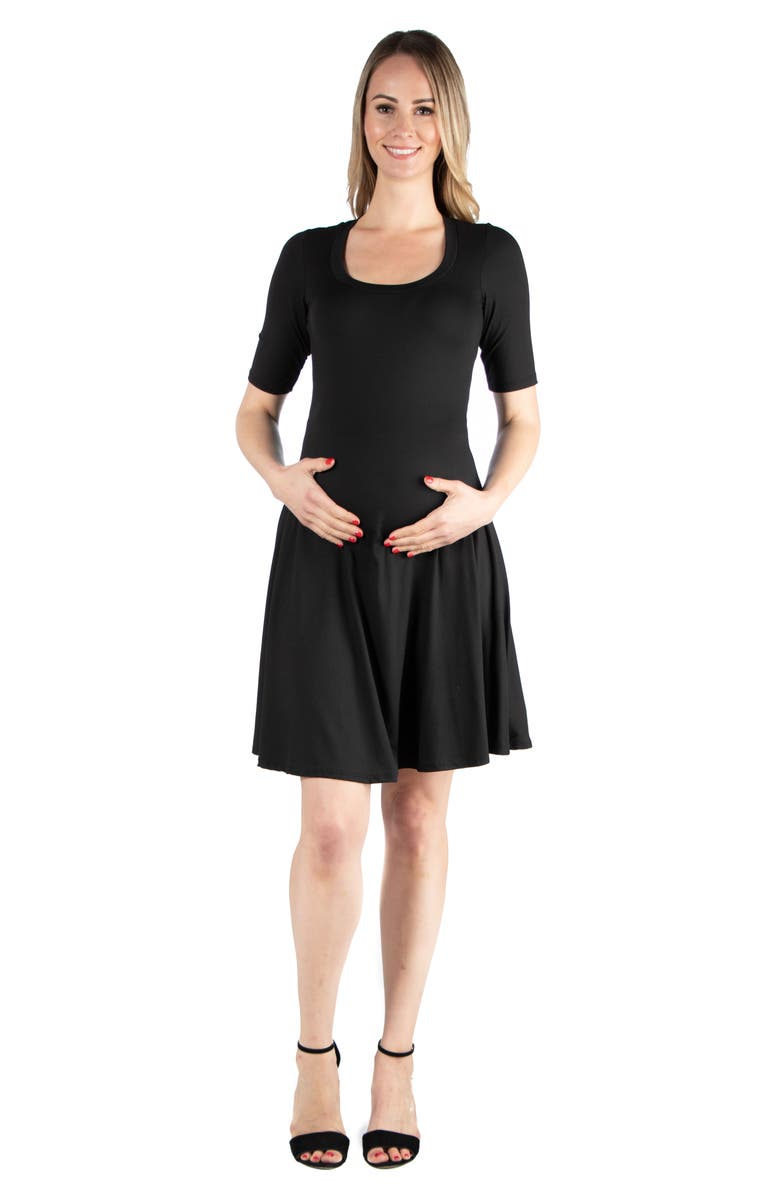 24seven Comfort Apparel Maternity Knee Length A-Line Elbow Sleeve Dress, Main, color, Black