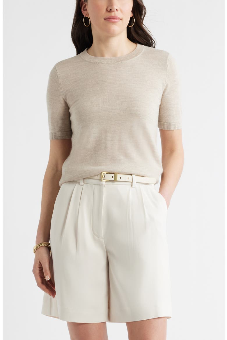 Short Sleeve Merino Wool Blend Sweater Top, Main, color, TAN DOESKIN HEATHER