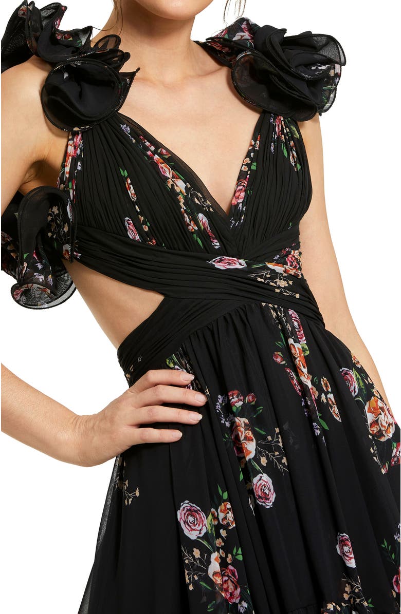 Mac Duggal Tiered Floral Chiffon Gown with Ruffle Cap Sleeves and Lace-Up Back, Alternate, color, Black Multi