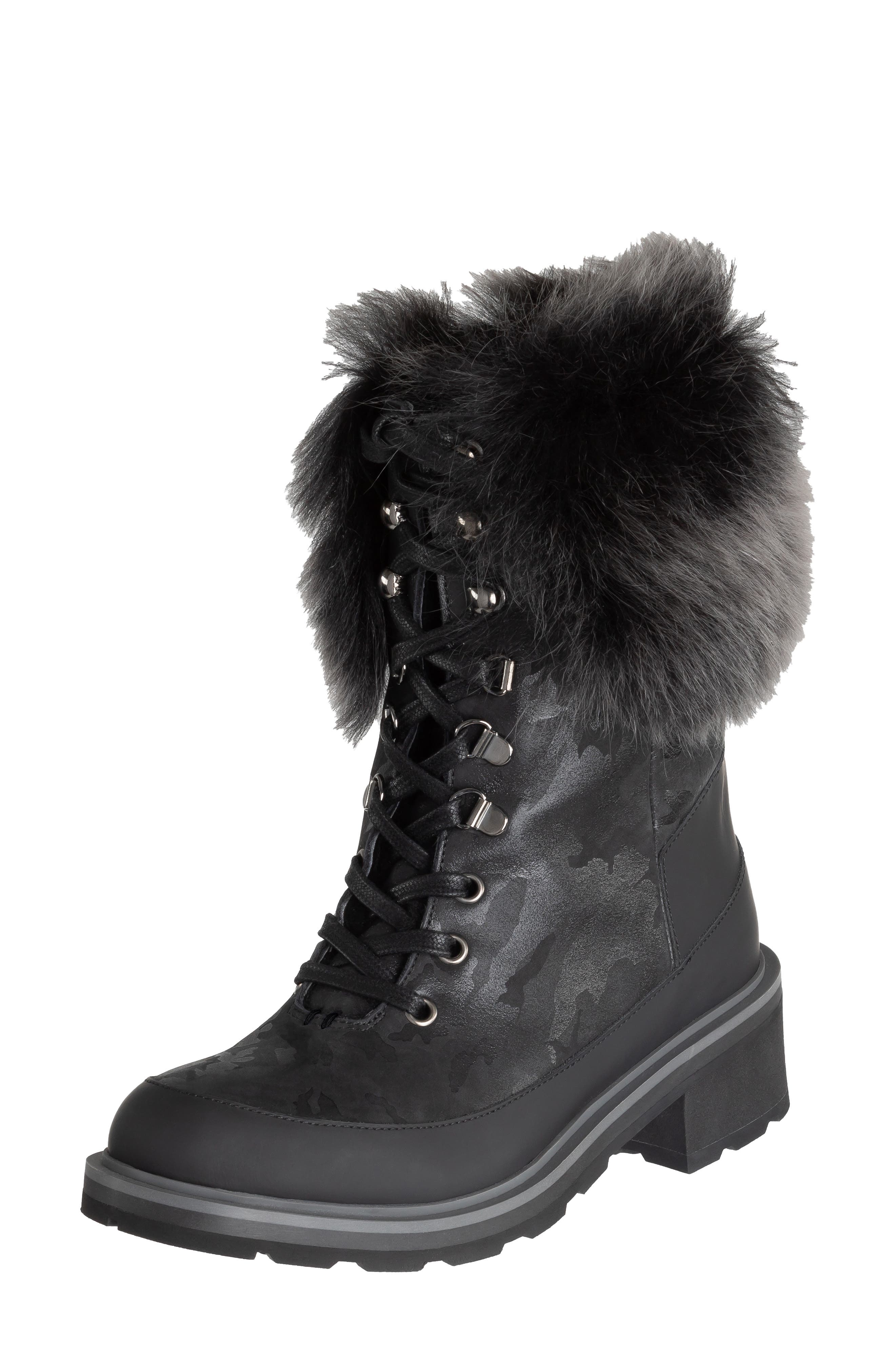 Chiara Genuine Shearling Cuff Leather Boot, Alternate, color, BLACK CAMOUFLAGE LEATHER