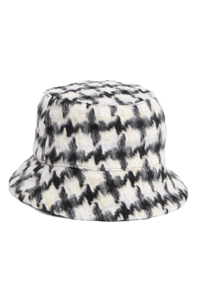 Nine West Houndstooth Faux Fur Reversible Bucket Hat, Alternate, color,