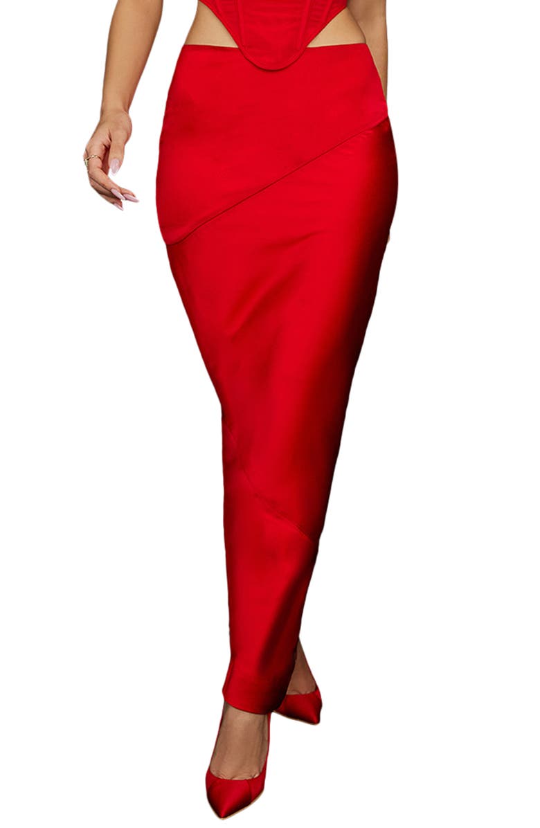 HOUSE OF CB Colette Satin Skirt, Main, color, Scarlet