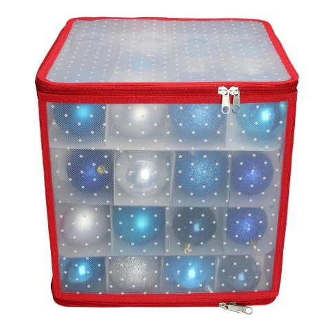 Transparent Zip Up Christmas Storage Box - 12.5" - Holds 64 Ornaments - Red and Clear