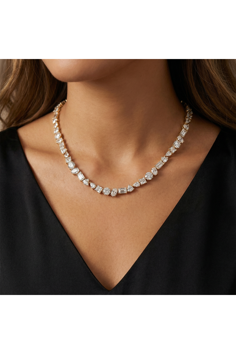 45Ct Fancy Diamond Multi Shape Tennis Necklace 14k Gold Lab Grown, Alternate, color, 14k Yellow Gold