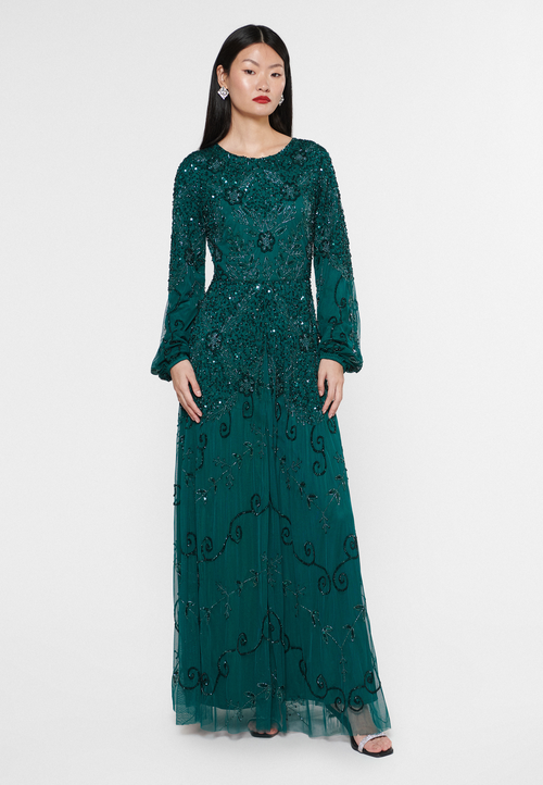 Maryisa Embellished Sequin Beaded Crew Neck Dress In Emerald Green