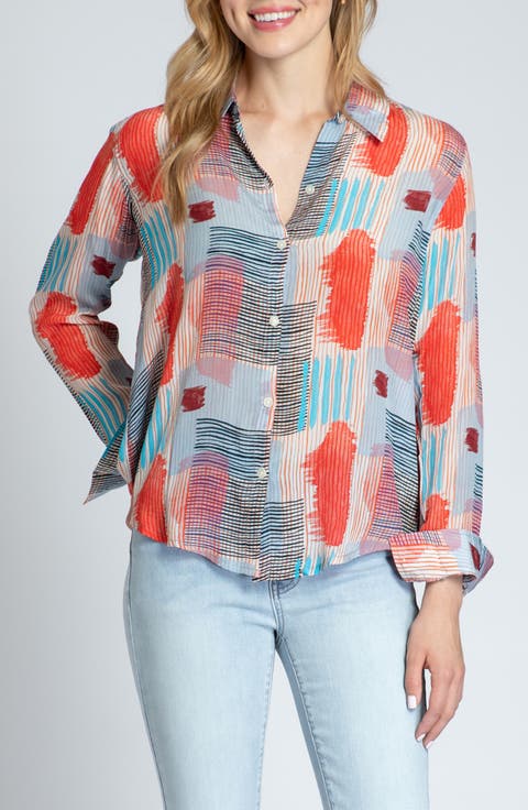 Print Roll-Up Sleeve Chiffon Button-Up Shirt