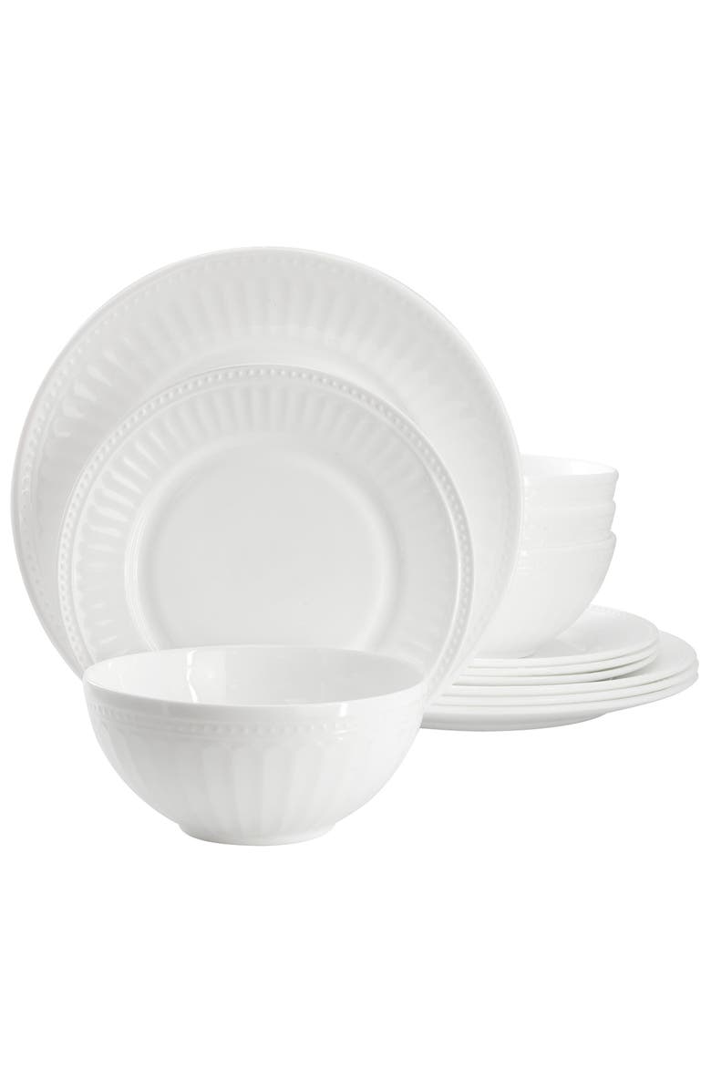 Gibson Ultra Swanton Arch 12 Piece Break-Resistant Opal Glass Dinnerware Set, Main, color, White