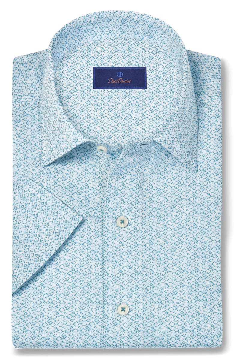 David Donahue Abstract Print Lyocell Short Sleeve Shirt, Main, color, White/ Ocean