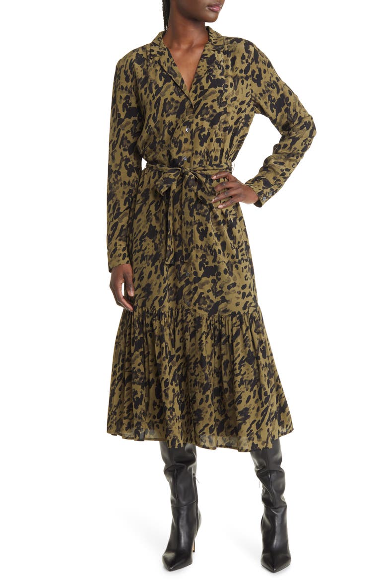 Beatrice Animal Print Long Sleeve Shirtdress, Main, color, OLIVE WATERCOLOR LEOPARD