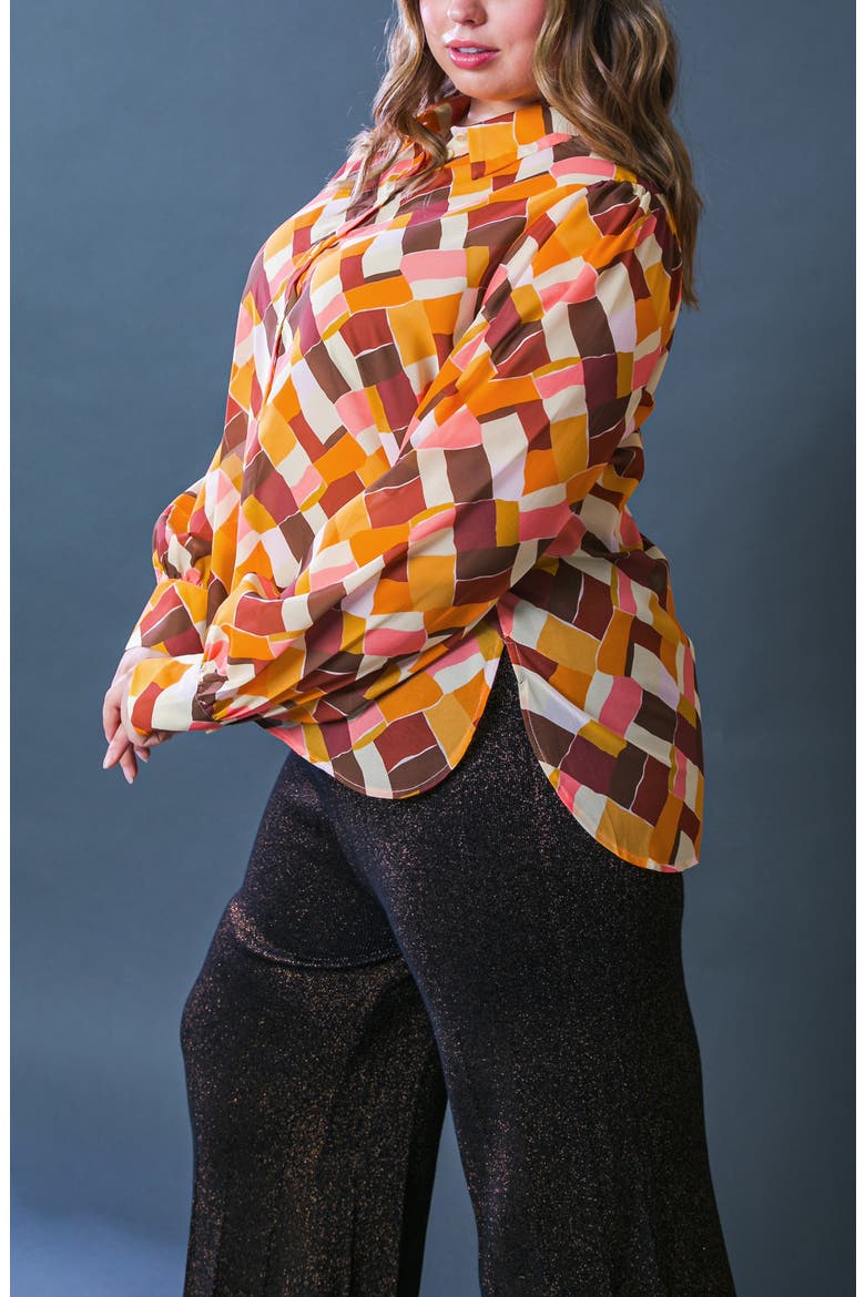 Geometric Print Long Sleeve Button-Up Shirt, Alternate, color, MUSTARD BROWN
