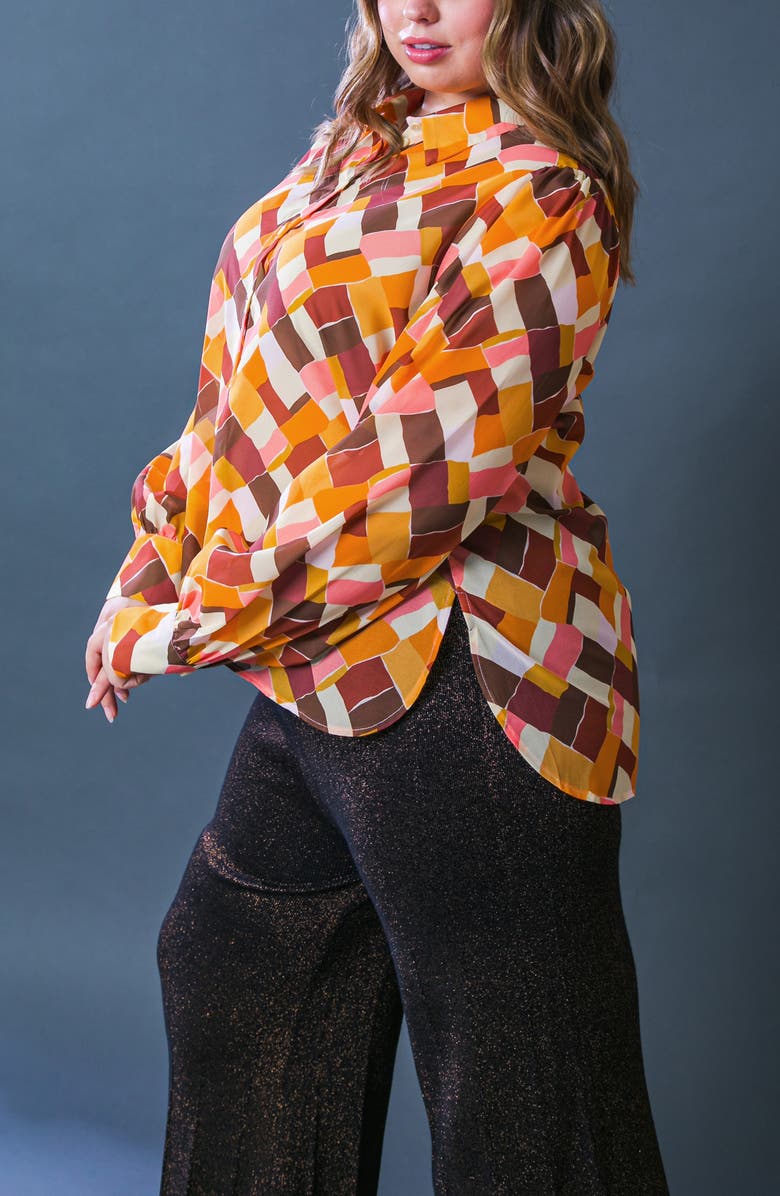 FLYING TOMATO Geometric Print Long Sleeve Button-Up Shirt, Alternate, color, Mustard Brown