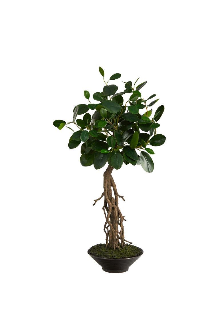 2-ft Ficus Bonsai Artificial Tree in Decorative Planter, Main, color, Green