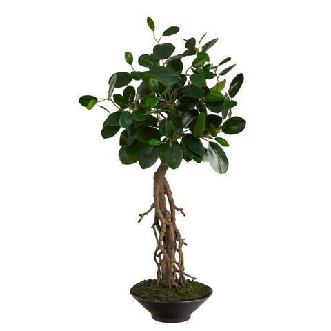 2-ft Ficus Bonsai Artificial Tree in Decorative Planter